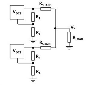 Balancing resistors share load between DC-DC converters