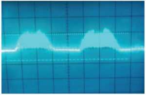 Troublesome 120 Hz pickup at the amplifier output (0.1 Vdiv, 2 msdiv)