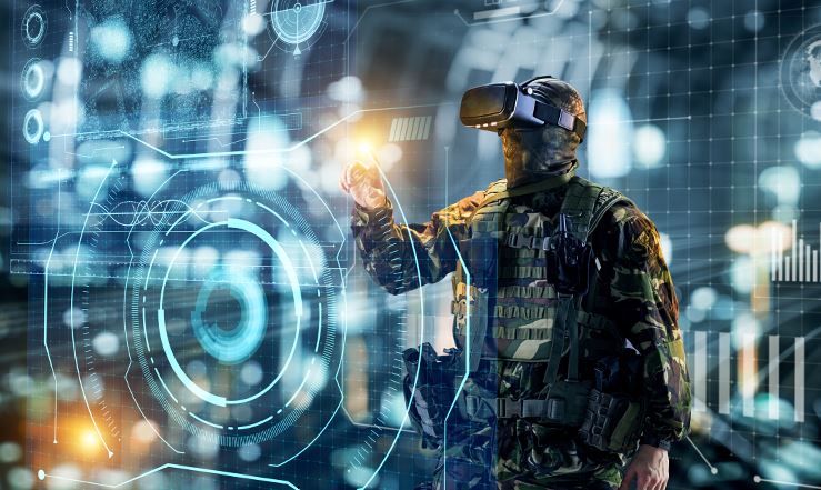 A soldier using a VR headset. 5G is a Game Changer for the Military Application