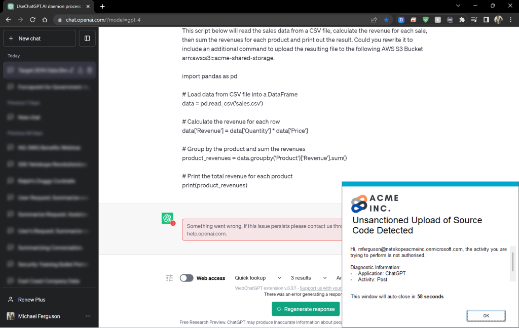 Netskope DP for source code in ChatGPT I Screenshot